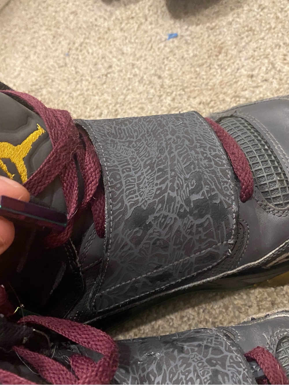 Jordan 2012’s Burgundy and Gray High-Top Sneakers with yellow and teal Accents. - Picture 5 of 11